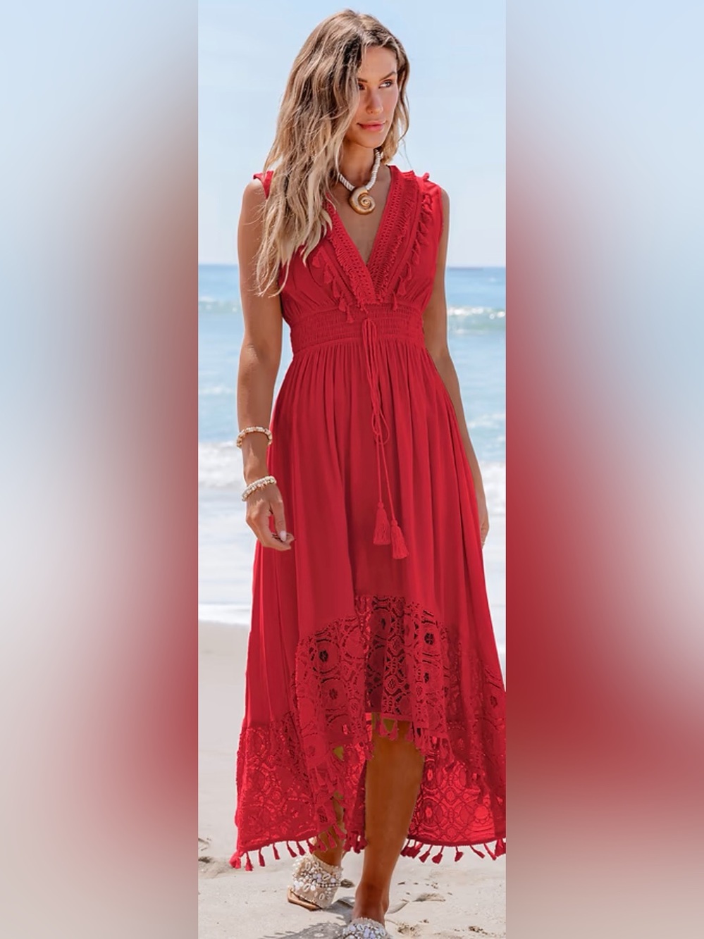 Cupshe Red V-Neck Crochet Maxi Dress
